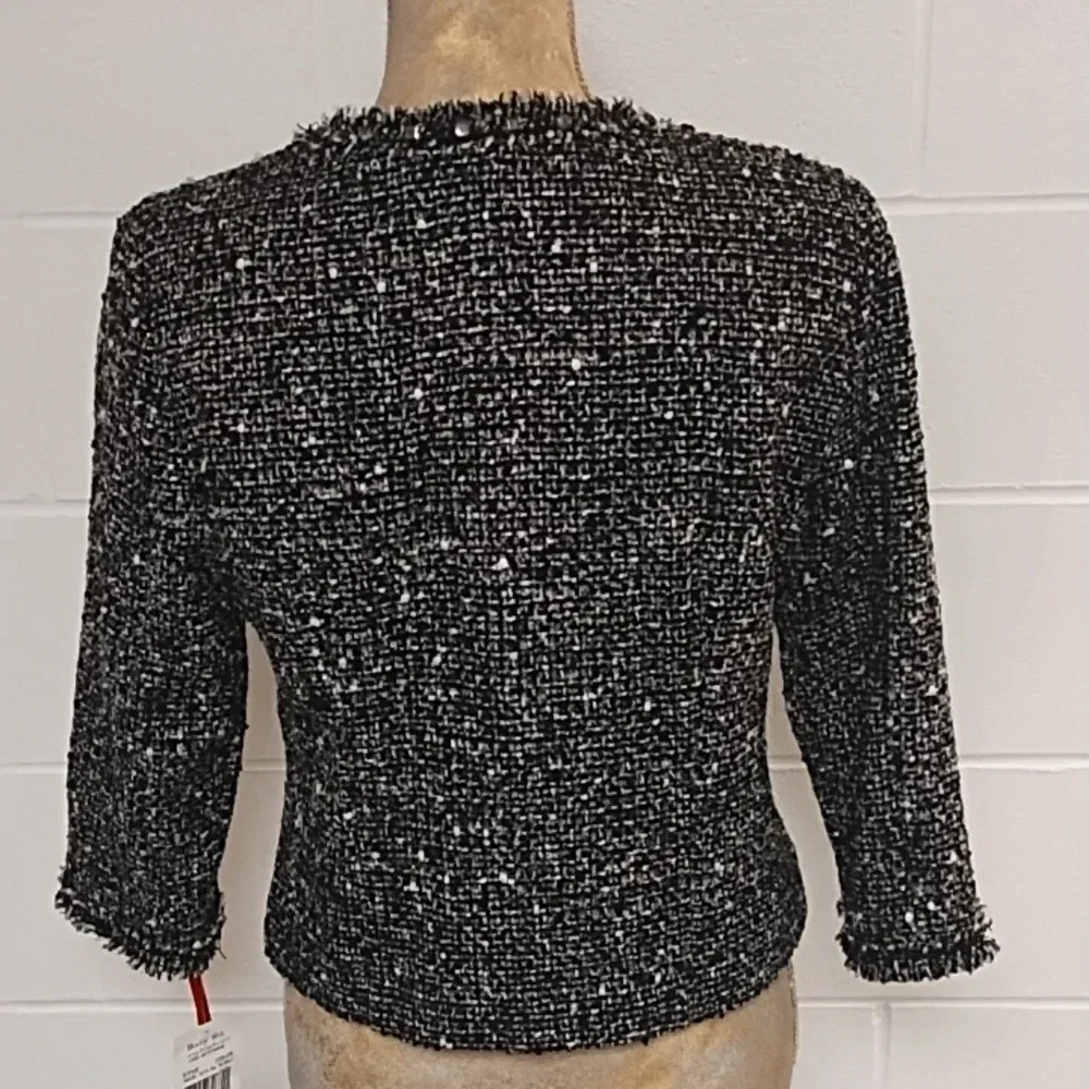 Raw Edge Fringe Cropped Fitted Jacket 8 Textured Black Cream Gold Zip up Studded